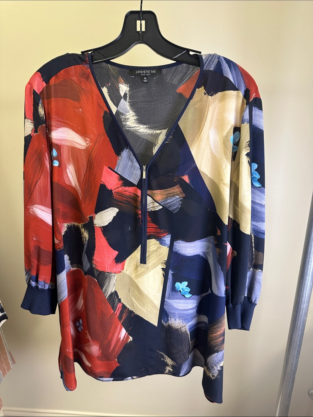 Lafayette 148 New York Navy, Red and Cream Abstract Zip-Front Tunic